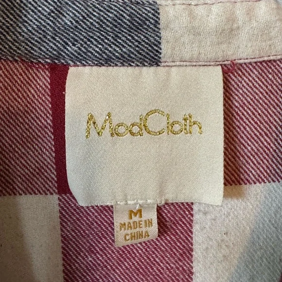 ModCloth Plaid Shirt Dress Medium | Button Front Fit & Flare Pockets Red Blue - Picture 5 of 10